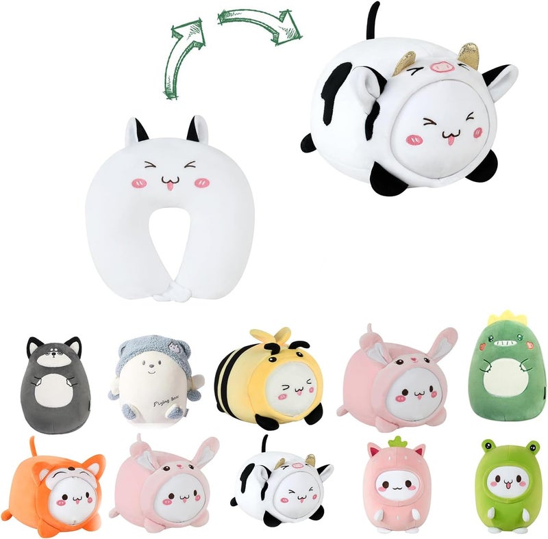 stocaggio Kids Travel Pillow - 2-in-1 Deformable Kids Neck Pillow for Traveling, Soft U-Shaped Pillow with Adorable Animal Design, Comfy Sleep and Play, Ideal for Airplanes and Traveling (QQ Milk Cow) - Image 1
